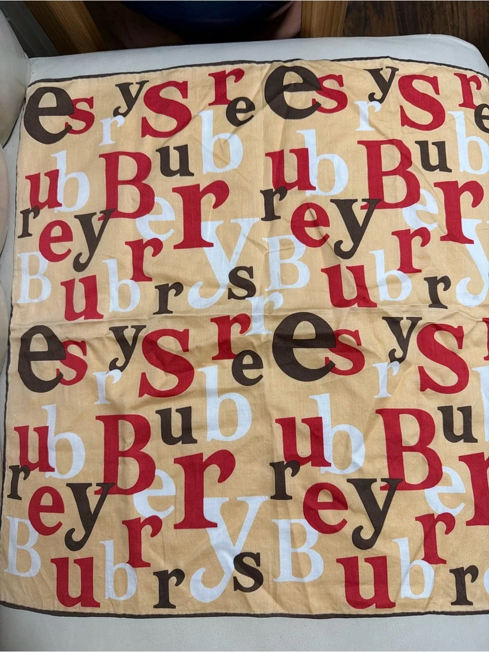 Burberry Beige Scarf with Red, Brown & White Letter Print